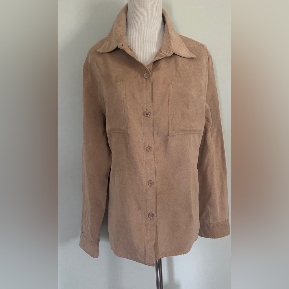 🆕 [Allison Morgan] Tan Faux Suede Button Down Long Sleeve Blouse Sz: L